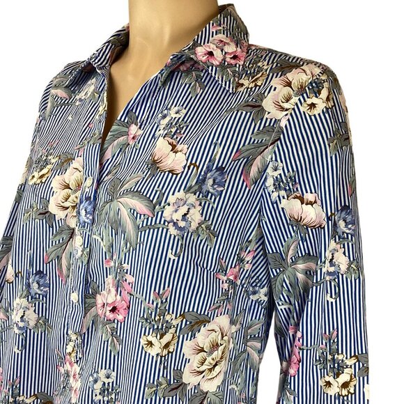 Talbots Button-Up Blouse Size Medium Top Floral Blue & White Pink - Picture 5 of 8